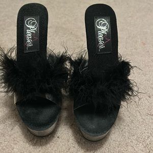 Pleaser black fur/feather platform sexy heels